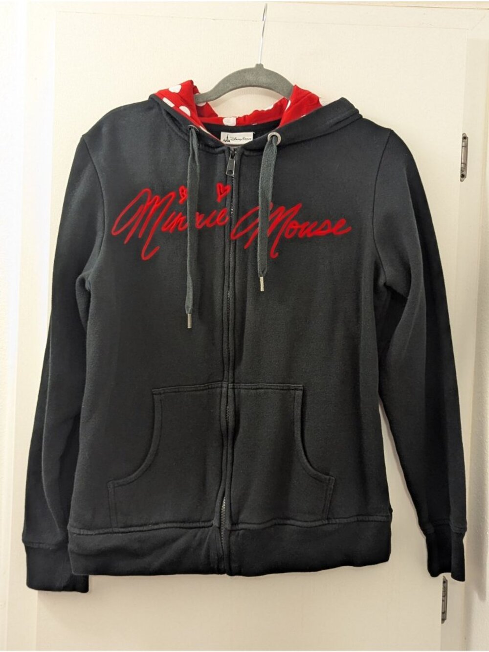 Minnie Mouse Disney Parks Black Zip-Up Hoodie With Polka Dot Bow & Ears Red Lini